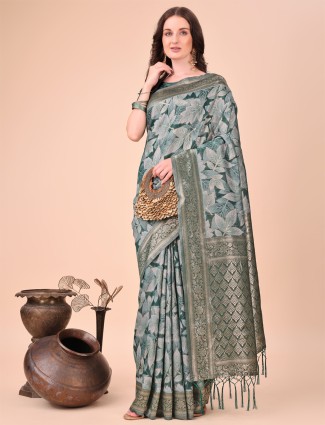Printed green cotton silk saree for women