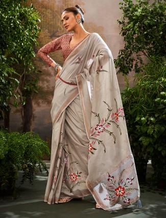 Grey linen saree with printed design