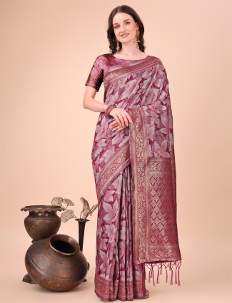 Printed maroon cotton silk saree for festive wear