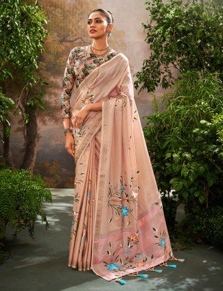 Peach linen printed saree for festive occasions