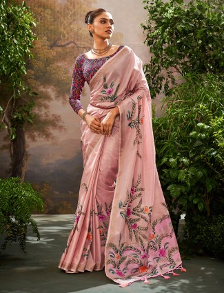 Pink linen saree for festive wear