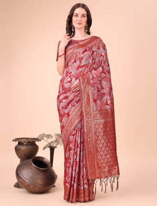 Zari woven red cotton silk saree
