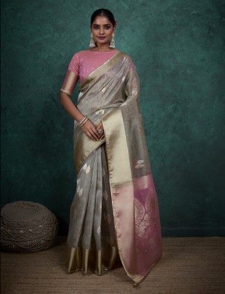 Chic grey zari woven linen blend saree design