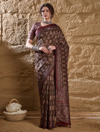 Party wear olive silk saree with digital print