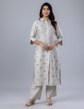 Beige linen festive wear kurti set for women