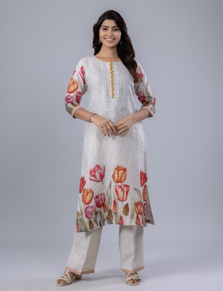 Beige linen printed kurti set for women