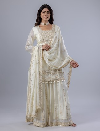 Cream chiffon palazzo suit for wedding wear