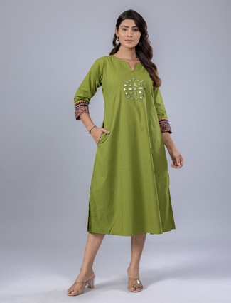 Green cotton kurti with mirror embellishment