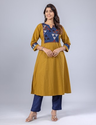 Khaki cotton kurti with print