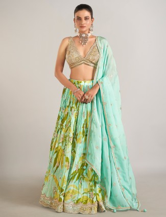 Mint green wedding wear lehenga choli with print