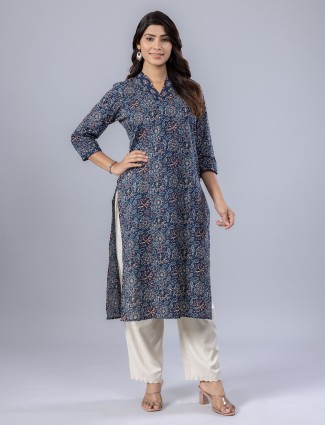 Navy printed cotton kurti for women