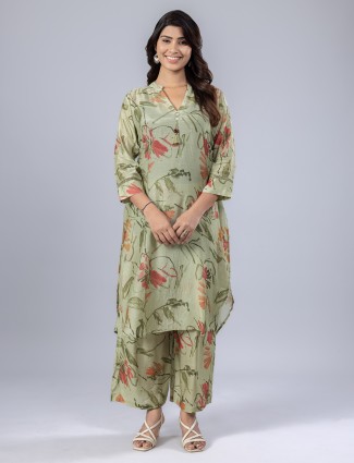 Pista green silk printed kurti set