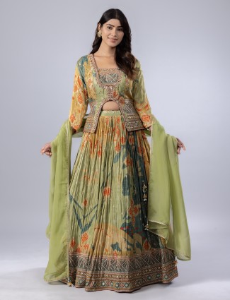 Pista green silk lehenga choli with print