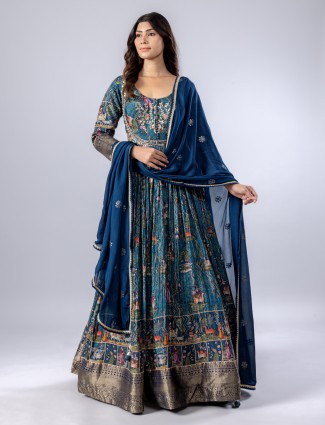 Rama green printed silk anarkali suit