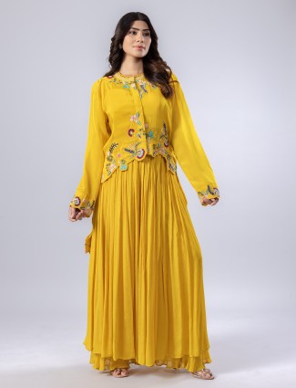 Yellow silk palazzo suit with stylish jacket