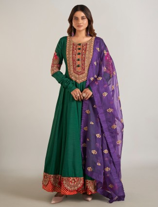 Green raw silk palazzo suit with dupatta
