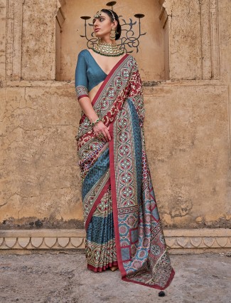 Maroon silk saree with digital elegance print