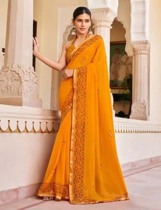Orange printed georgette saree for festival