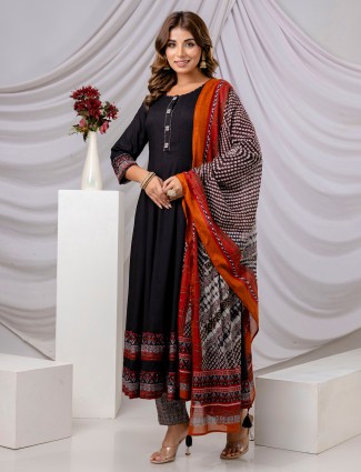 Black cotton silk festive set with dupatta
