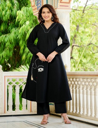 Black festive cotton silk suit with style