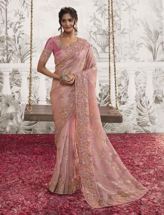 Peach zari embellished saree in silk