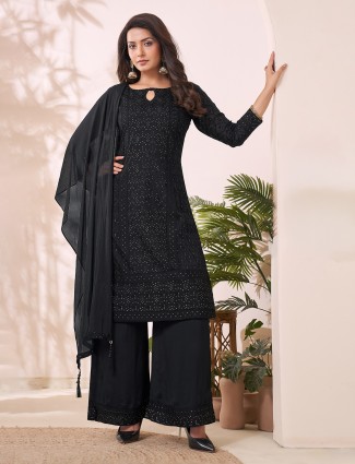 Black pakistani silk suit with keyhole neck design