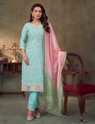 Aqua silk salwar suit with pants and dupatta