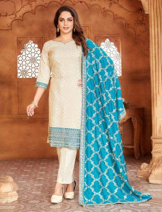 Aqua and cream silk festive suit with dupatta
