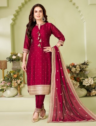 Quarter sleeve maroon straight silk suit set