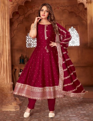 Rich maroon silk suit set with ethnic dupatta