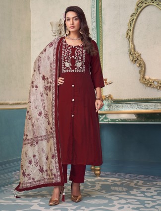 Maroon silk suit with round neck and dupatta