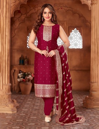 Maroon straight fit silk suit with festive dupatta