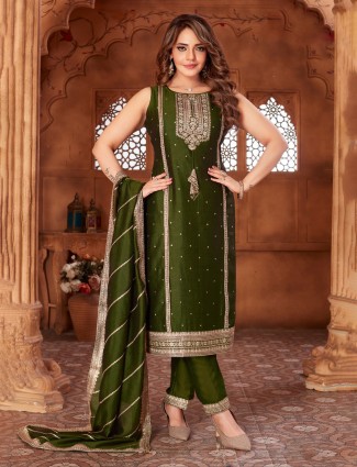 Mehendi green silk salwar suit for festive occasions