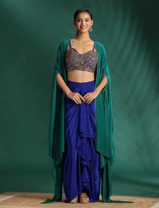 Silk navy blue suit with resham work shrug