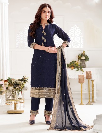 Navy blue silk straight suit set with quarter sleeves