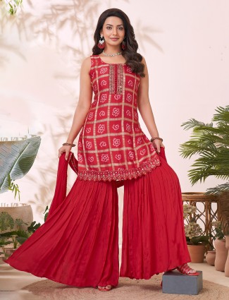 Red printed sharara silk suit for festive occasions