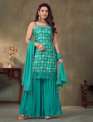 Sage green silk sharara suit with printed
