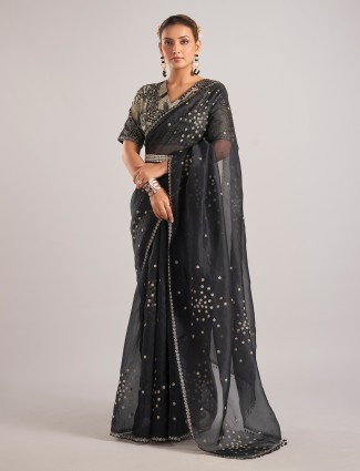 Black organza saree with sequins embellishments
