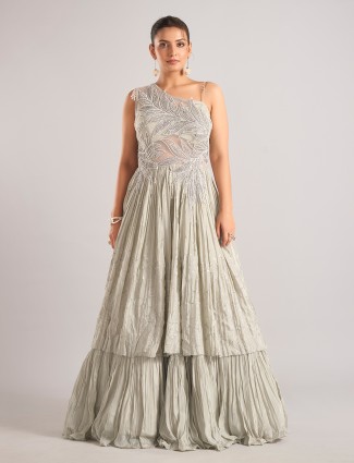 Light grey silk sleeveless designer suit