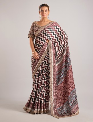 Maroon modal silk saree with zigzag printed