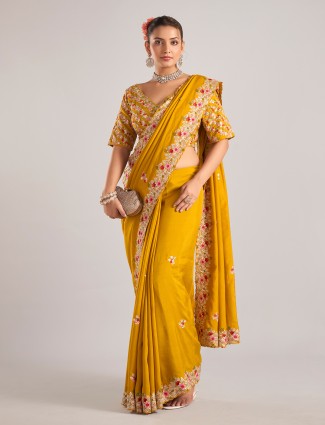 Mustard yellow dola silk saree with ready made blouse
