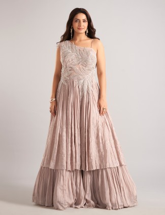 Peach silk designer sleeveless ethnic suit