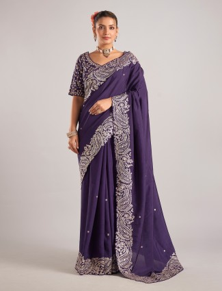 Purple dola silk saree with mirror work