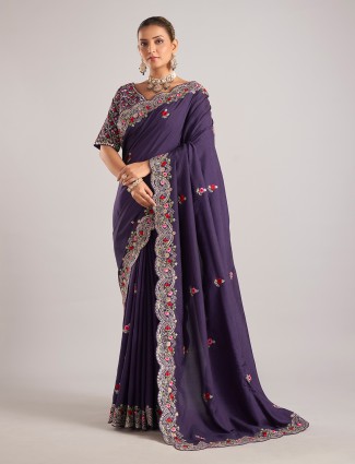 Purple dola silk saree with embroidery weaving
