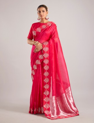 Rani color organza saree with ready made blouse