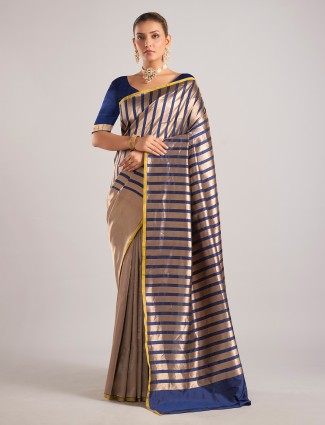 Navy blue silk blouse piece with traditional zari weave