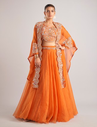 Orange organza shrug lehenga choli with heavy eesham embroidery