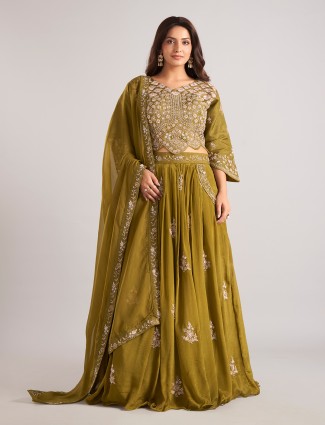 Pastel olive silk lehenga choli with dupatta