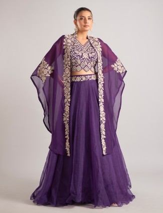 Purple organza shrug lehenga choli embellished with resham