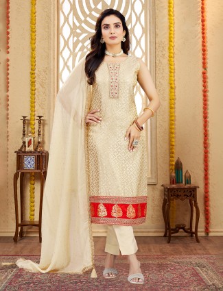 Beige silk salwar suit with zari work